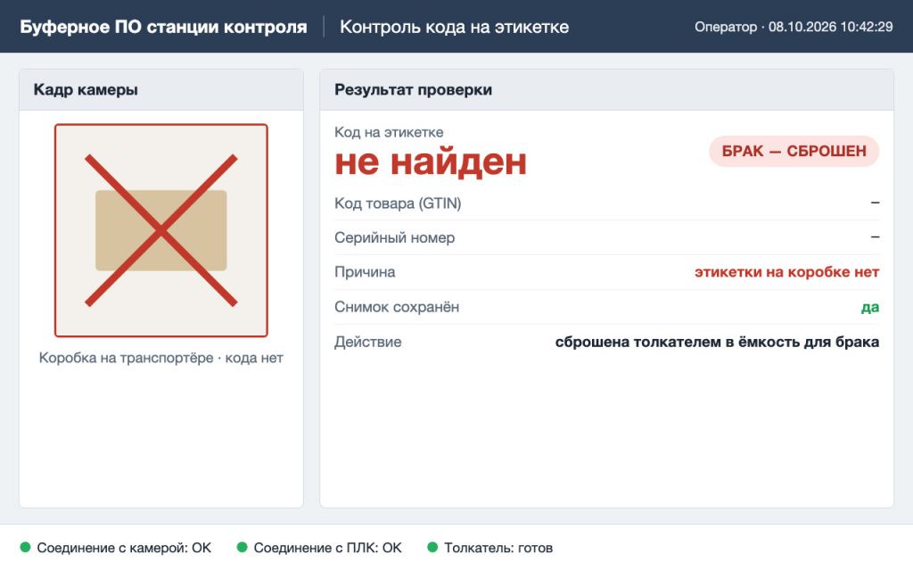 Экран программы станции, макет: кода нет, товар сброшен.