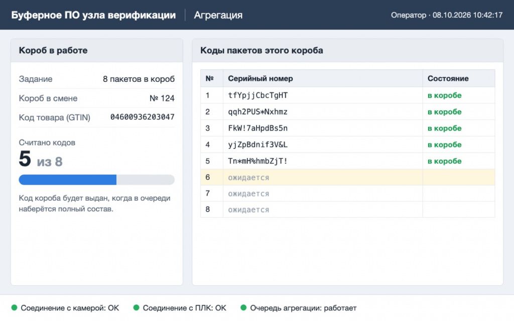 Экран программы, макет: пять кодов из восьми уже в составе.